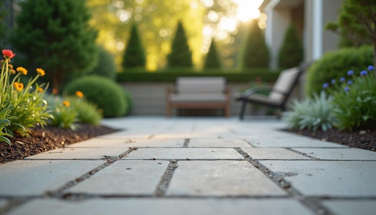 Eye-level view of a newly installed paver patio with natural stone tiles and surrounding garden