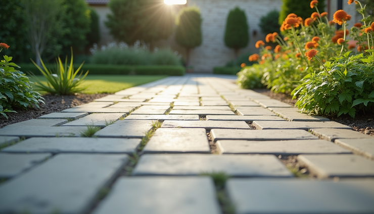 Eye-level view of a neatly arranged patio with square pavers and garden surroundings
