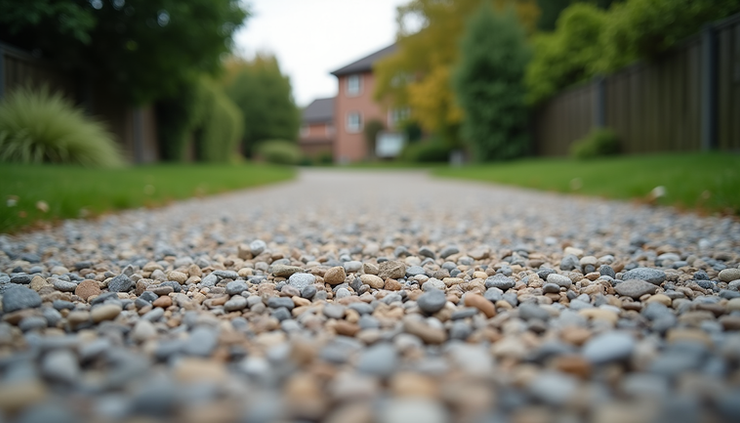 Eye-level view of a gravel driveway with neatly spread stones