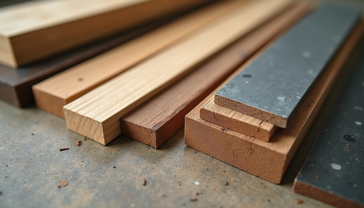 High angle view of different fence materials including wood, vinyl, and metal samples laid out for comparison