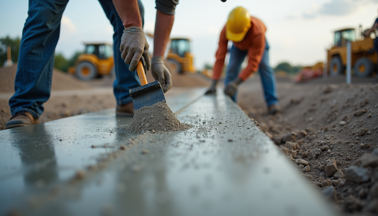 Eye-level view of a construction job site with concrete slab being prepared