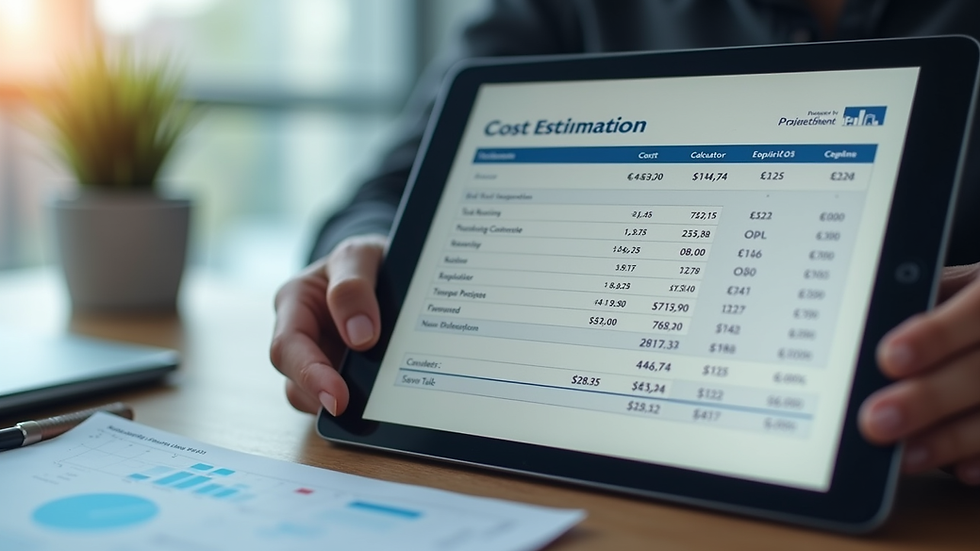 Close-up view of a tablet showing a cost estimation calculator for construction projects