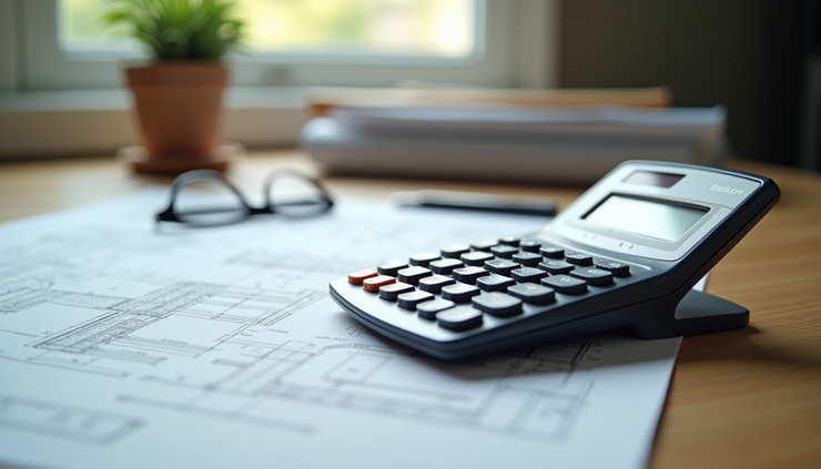 Eye-level view of a digital calculator on a wooden desk with construction blueprints