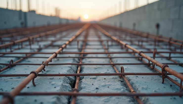 Eye-level view of rebar grid laid out on a concrete slab site