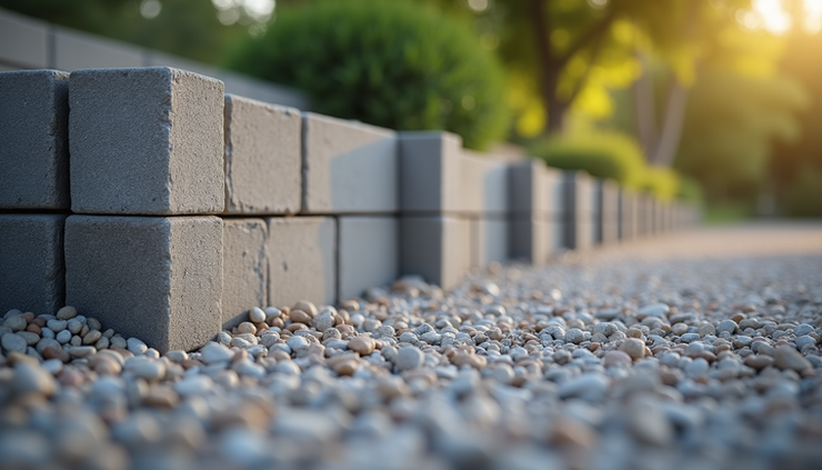 Eye-level view of retaining wall installation showing block placement and gravel base