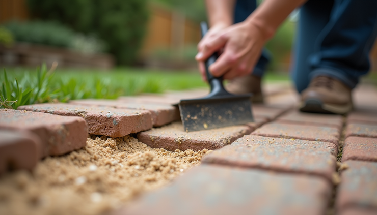 Eye-level view of a neatly arranged paver walkway under construction