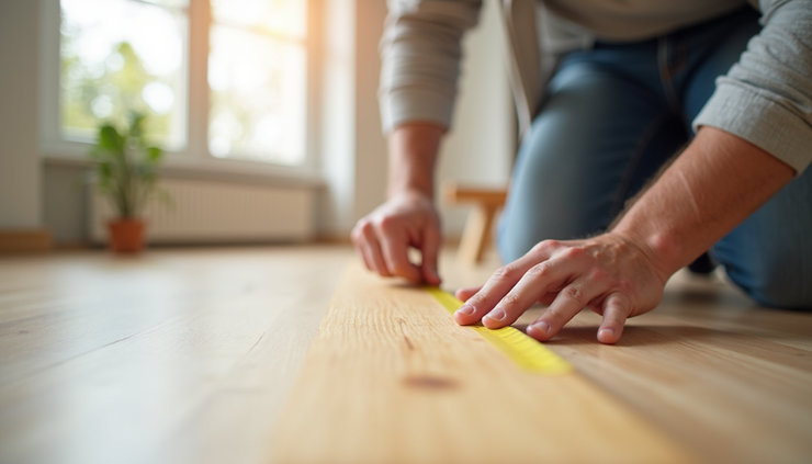 Eye-level view of a homeowner measuring a wooden plank for a home renovation project