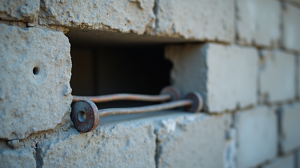 Close-up view of steel rebar placed inside concrete block wall before grouting
