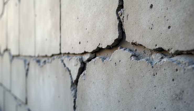 Close-up view of a large crack in a concrete foundation wall