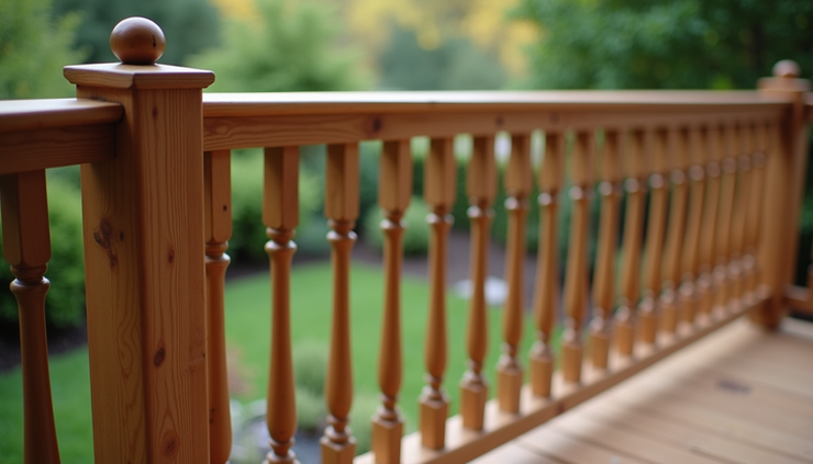 Eye-level view of a wooden deck railing with evenly spaced balusters overlooking a backyard garden