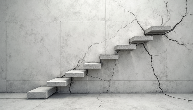 Eye-level view of cracked foundation wall with visible horizontal and stair-step cracks