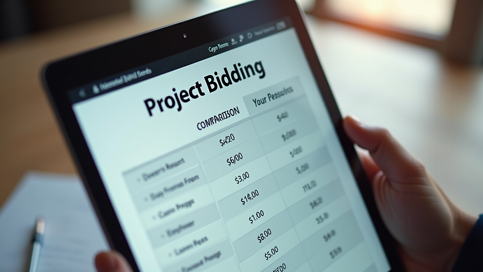 Close-up view of a tablet displaying a project bidding comparison chart