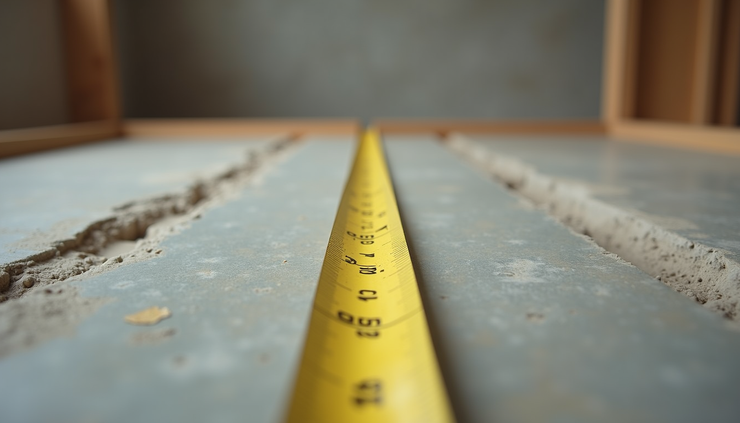 Eye-level view of measuring tape stretched across a wooden frame for concrete slab