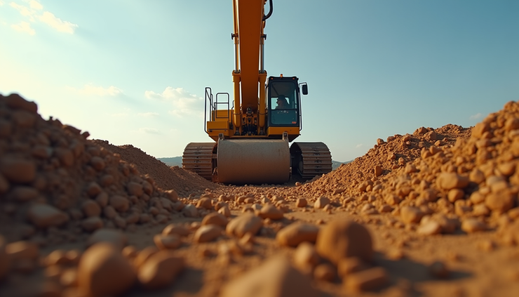 Eye-level view of a yellow excavator digging soil on a construction site