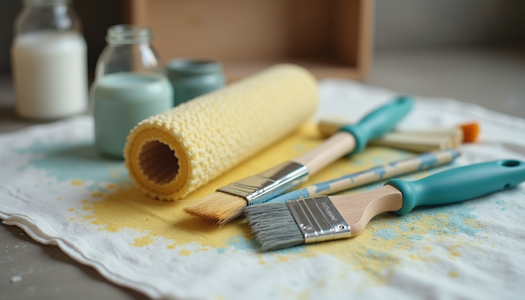 Close-up view of paint rollers, brushes, and supplies on drop cloth