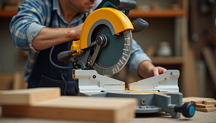 Eye-level view of a professional miter saw on a workbench with wood pieces ready for cutting