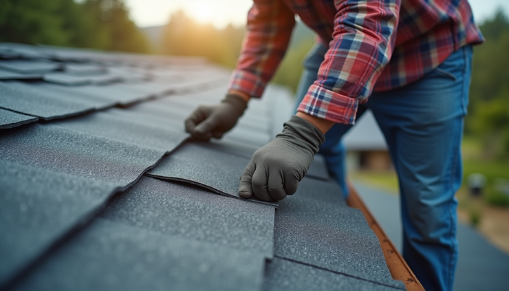 Eye-level view of a professional installing asphalt shingles on a residential roof