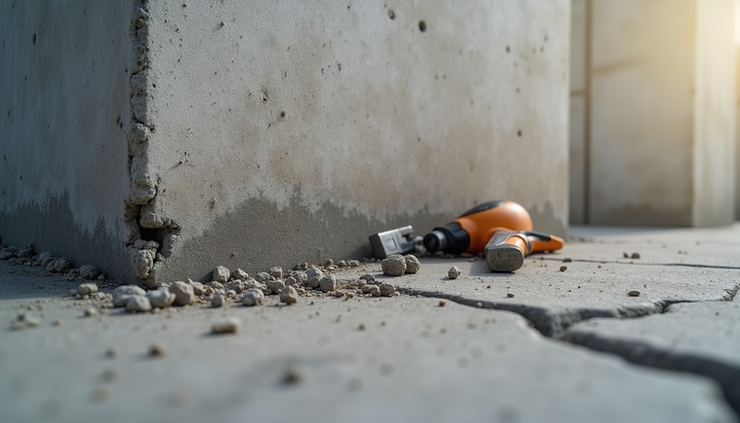 Eye-level view of cracked concrete foundation with repair tools nearby