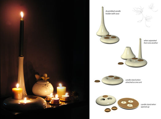 CANDLE STAND
Project: Textrade India Pvt. Ltd, Year 2007
Inspiration: Dandelion
Creative Brief: Interactive Lifestyle
A 100% utilitarian candle stand that disintegrates into various small elements floating around the room to spread the light of happiness, just like a Dandelion. The customer can use every element in isolation or combination with various other elements of the set and make their own interesting arrangements in a space.