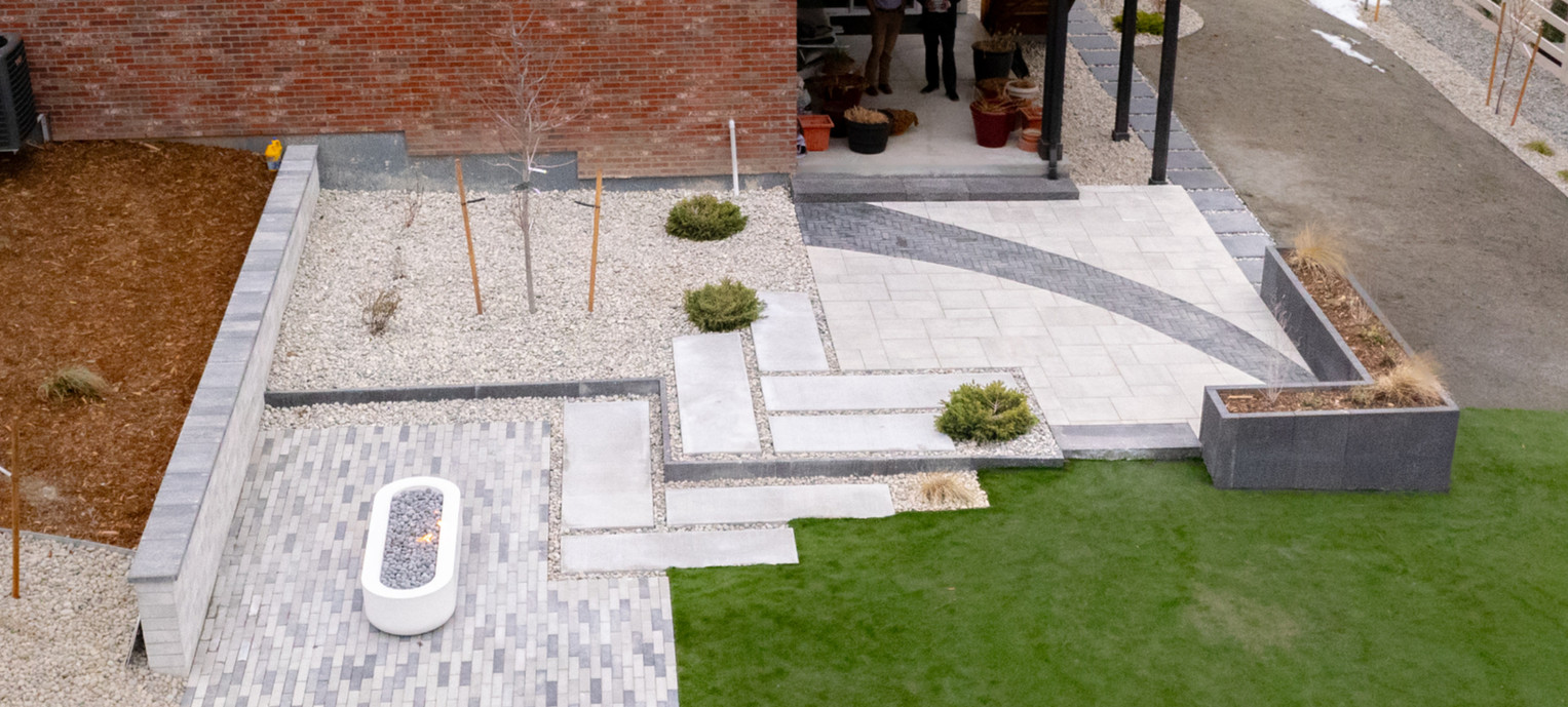 Landscape design built, paver, fire pit, wall, planter, Castle Rock CO,