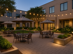 Outdoor gathering enhancements with courtyard patio lighting and seating for commercial property in Ventura County