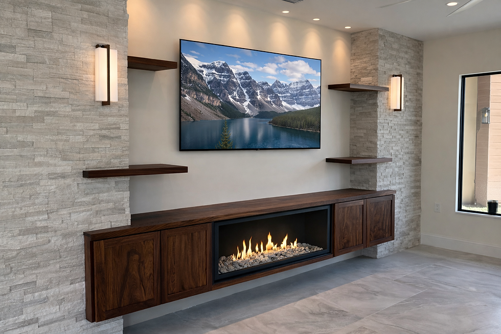 Custom solid walnut entertainment center with floating cabinet and stone columns