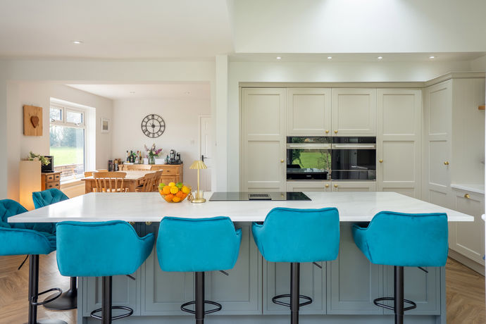 Bespoke kitchen island with Calacatta Dorado quartz worktop Wincham