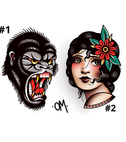 Flash tattoos traditionnels d’Olivier Mitchell représentant un gorille et un portrait féminin