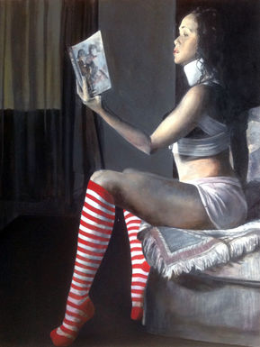 Painting of a woman with clown socks reading a book