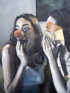 Two girls gossiping wearing clown nose and mask