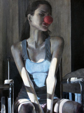 Acrylic painting of a woman posing like a model sitting on a wheelchair