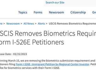 【ARCFE News】 USCIS REMOVES BIOMETRICS REQUIREMENT FOR I-526E