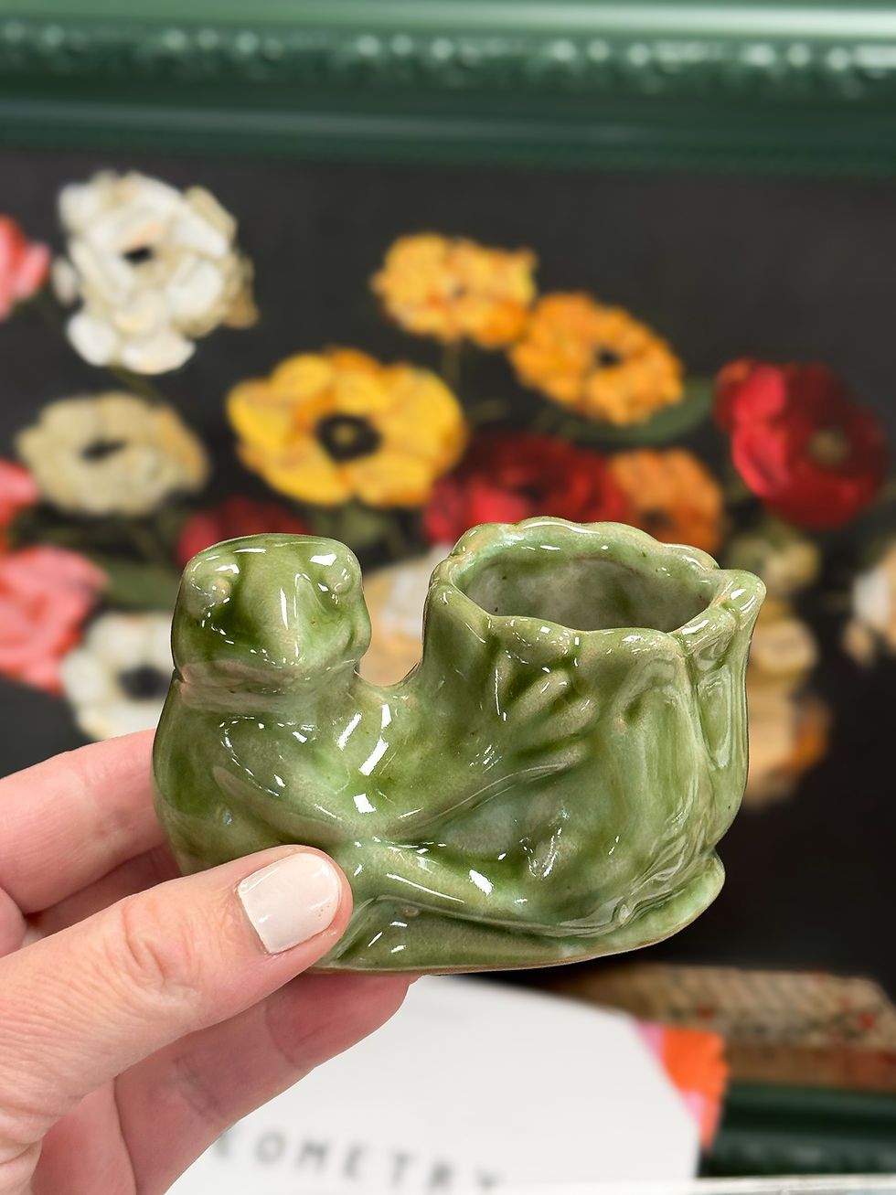 Thumbnail: Stoneware Frog Holding Flower Shaped Vase, Match or Toothpick Holde