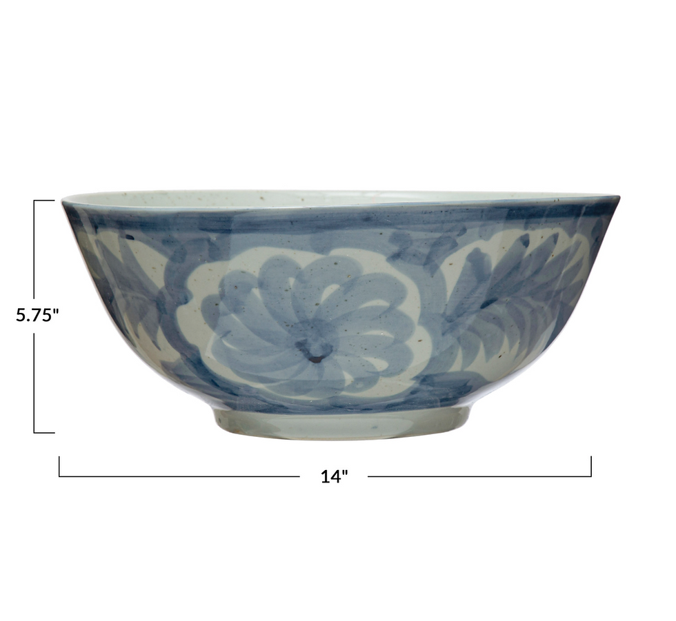 Thumbnail: Hand-Painted Stoneware Bowl w/ Design, Blue & White
