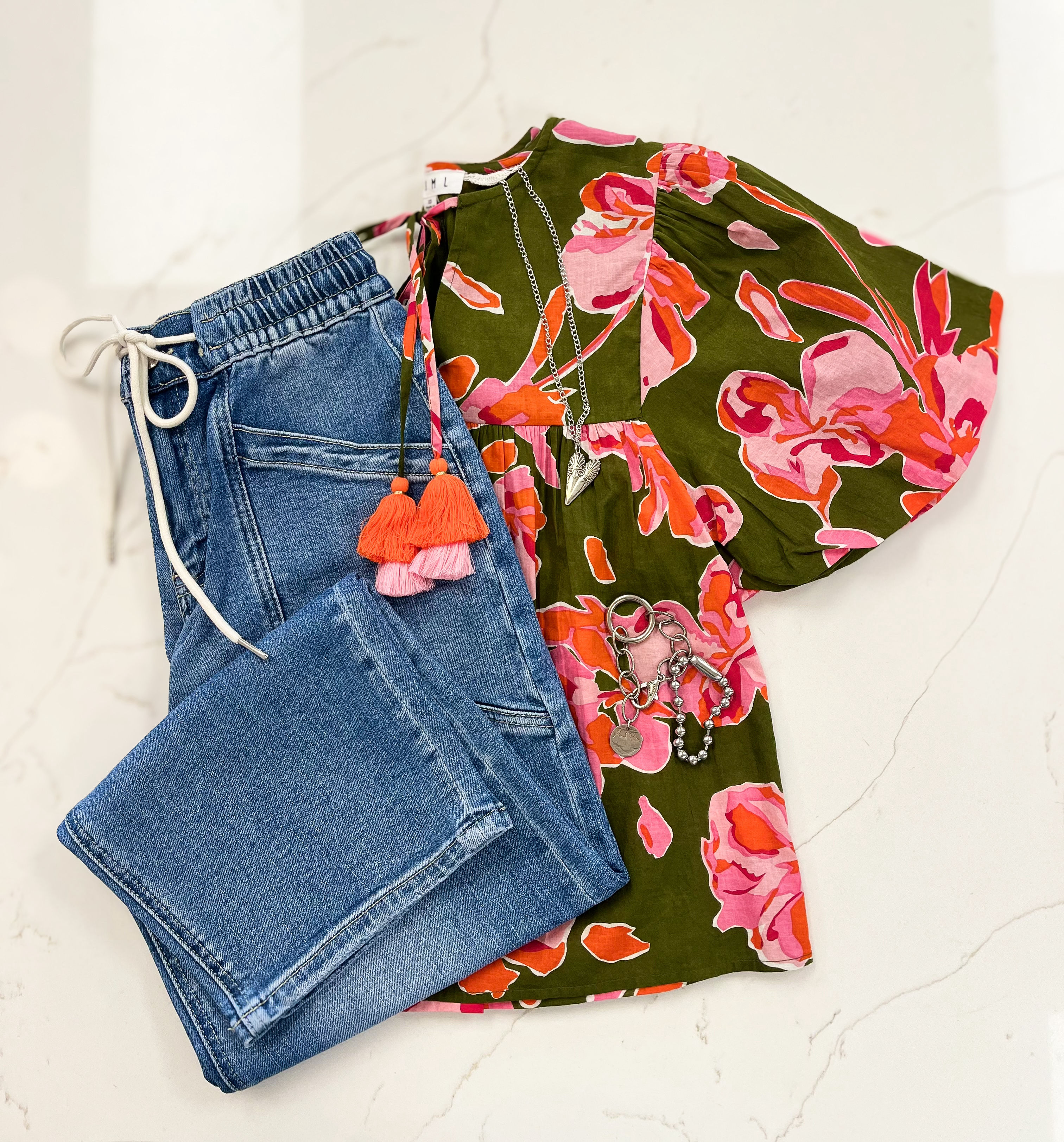 Floral Puff Sleeve Tassel Tie Top