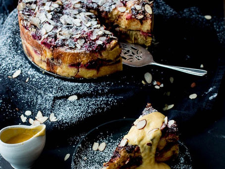 RHUBARB, RASPBERRY & DARK CHOCOLATE BREAD PUDDING CAKE