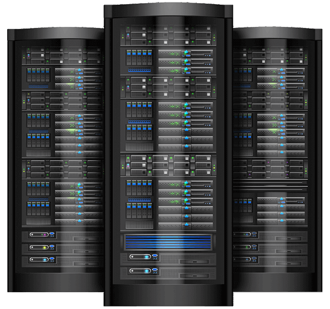 Row of network servers in data center
