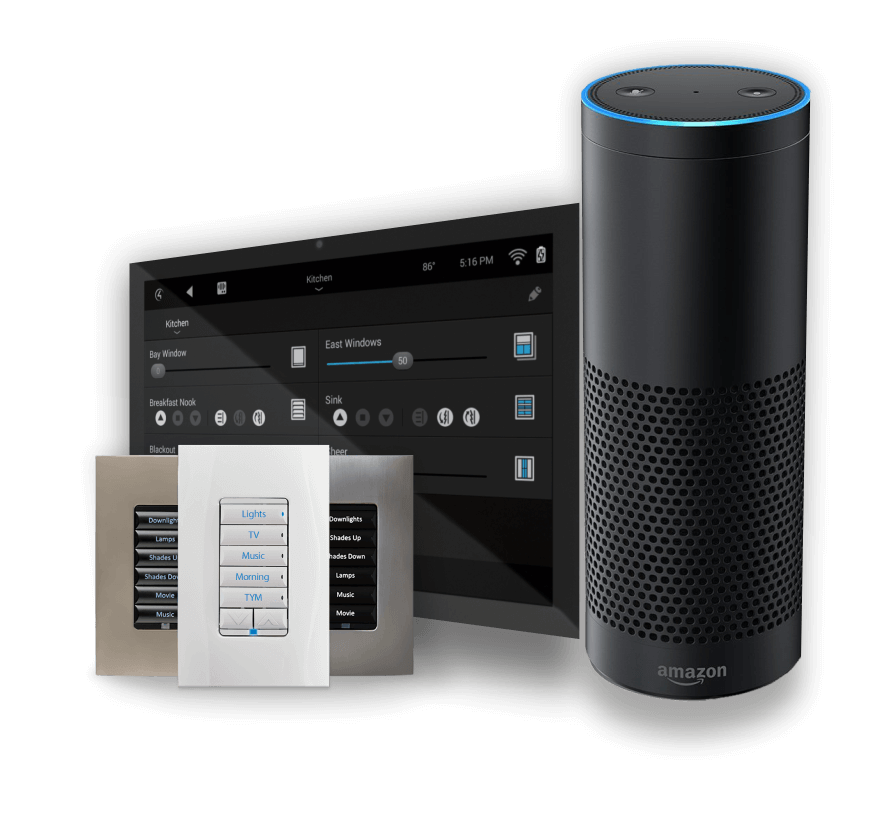 Smart home digital gadgets - Amazon Alexa and touch screen controllers