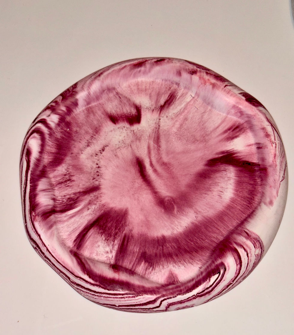 Swirling pink and white glass bowl, Black & White Split Low Bowl , abstract design.