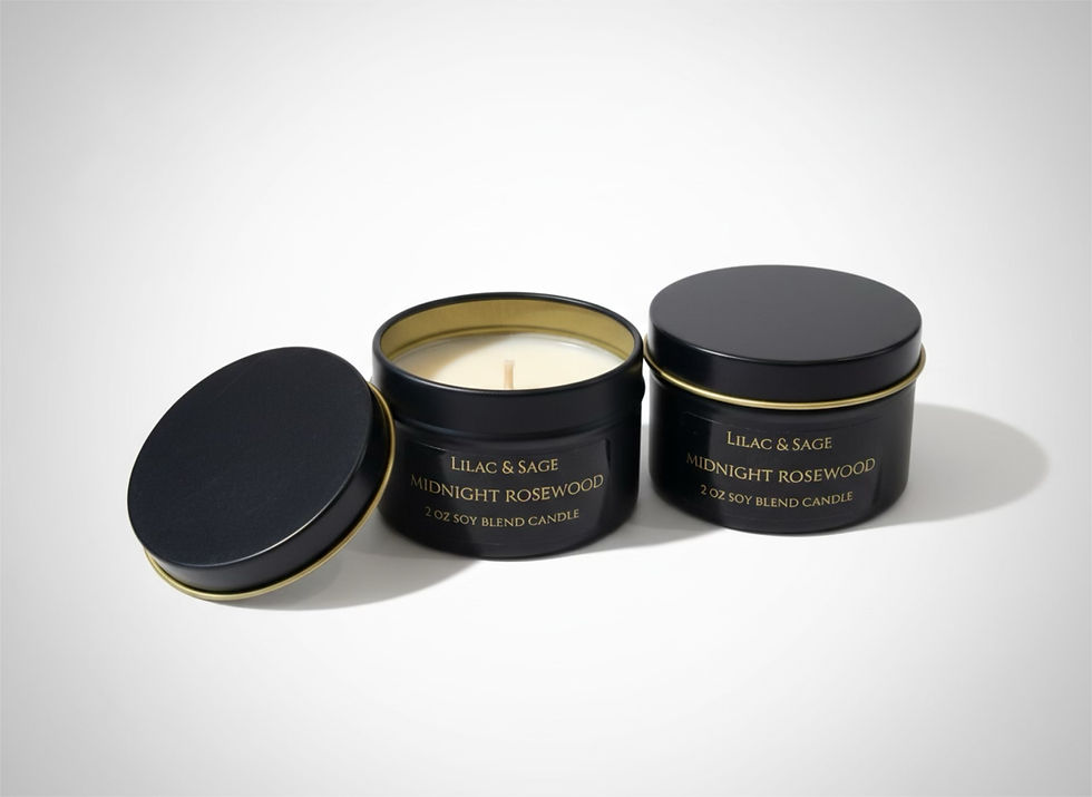 Thumbnail: Two black candles with text saying Lilac & Sage Midnight Rosewood on white background.