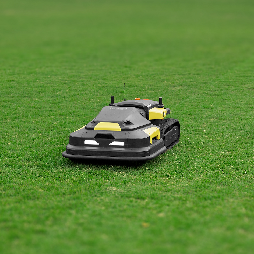 A robotic lawn mower efficiently trims a sprawling green lawn, showcasing advanced technology in automated landscaping.