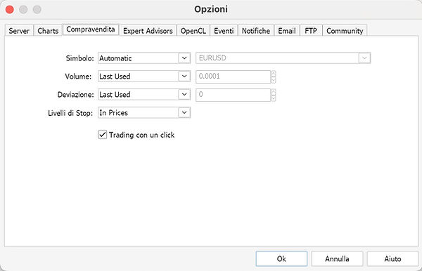 Immagine delle impostazioni di MetaTrader per configurare RiskGuard nella sezione di compravendita