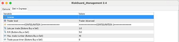 Immagine della sezione impostazioni di RiskGuard per l'inserimento della licenza