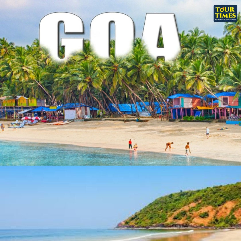 Beach scene in Goa with palm trees, colorful shacks, people near water, and "GOA" text above. Calm sea and hilly background. Karnataka luxury tour