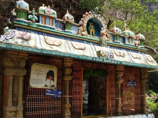 Colorful temple entrance adorned with intricate carvings, set against a rocky and verdant backdrop. Signs with text visible. Calm ambiance. Ahobilam Temples