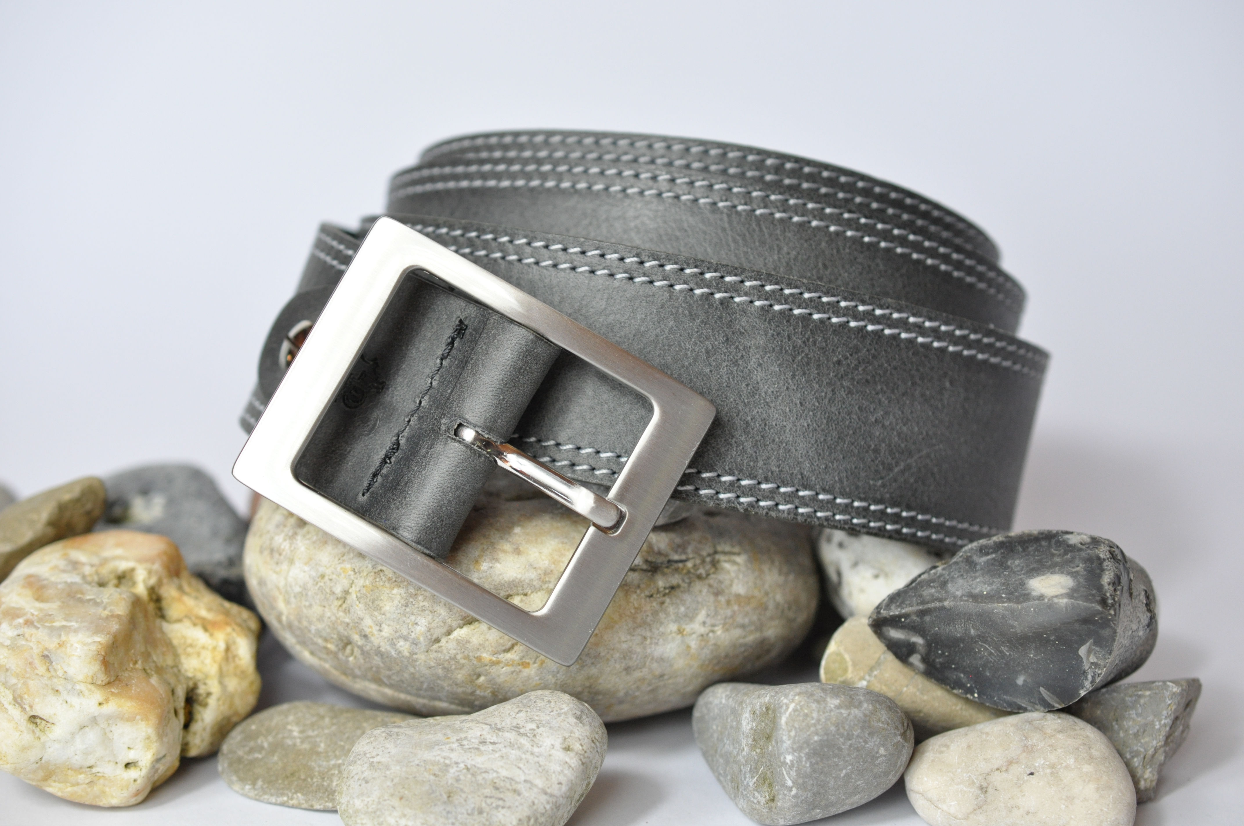 Ledergürtel grau 4cm - Rindsleder mit Naht