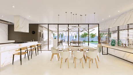 Projeto de interiores - Ambientes minimalistas -  Cozinha e sala de jantar integradas.
