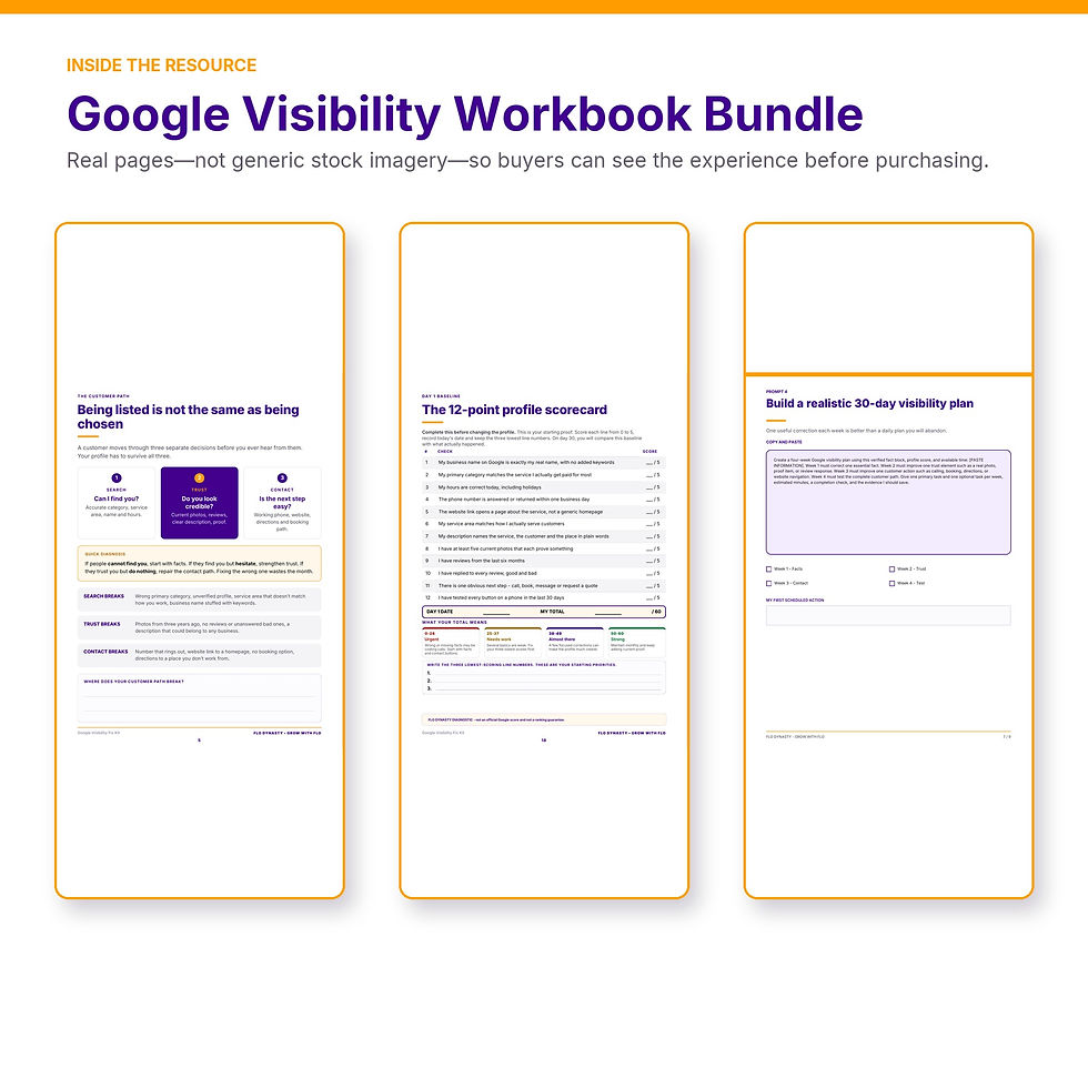 Sample pages showing being listed versus being chosen, a profile scorecard and a 30-day plan.