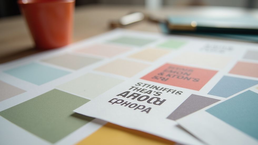Close-up view of a colour palette and typography samples on a desk