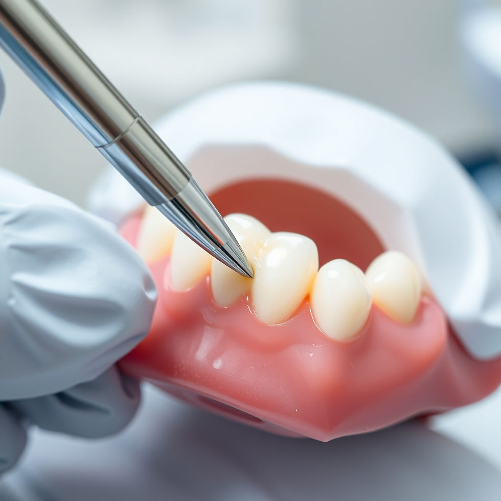 Dental tool touches model teeth in a dentist's gloved hand. Background is blurred. White and pink model with shiny metal tool.